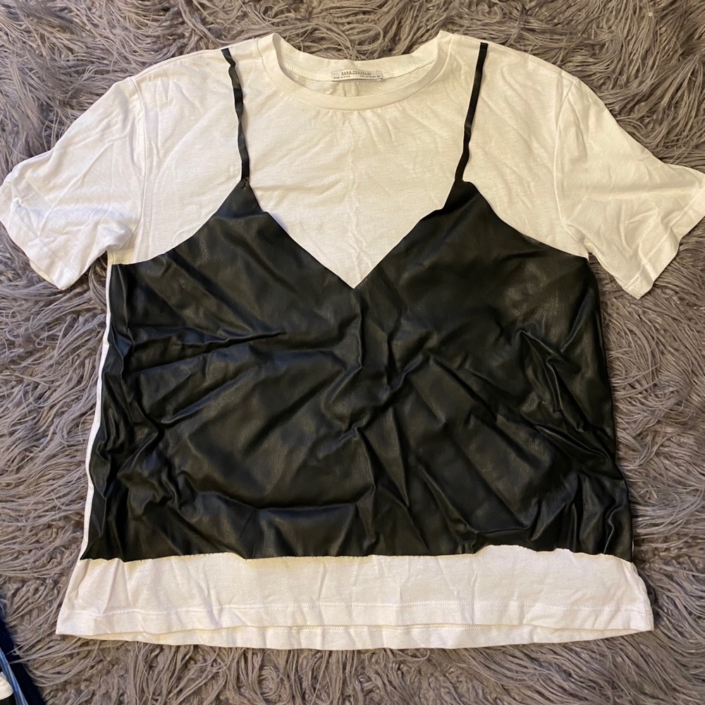 Zara white t shirt with faux leather details